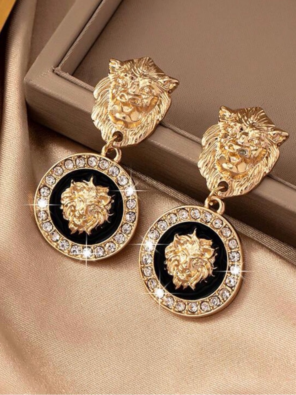 Versace Gold Lion Head Drop Earrings with Black and Crystal Accents